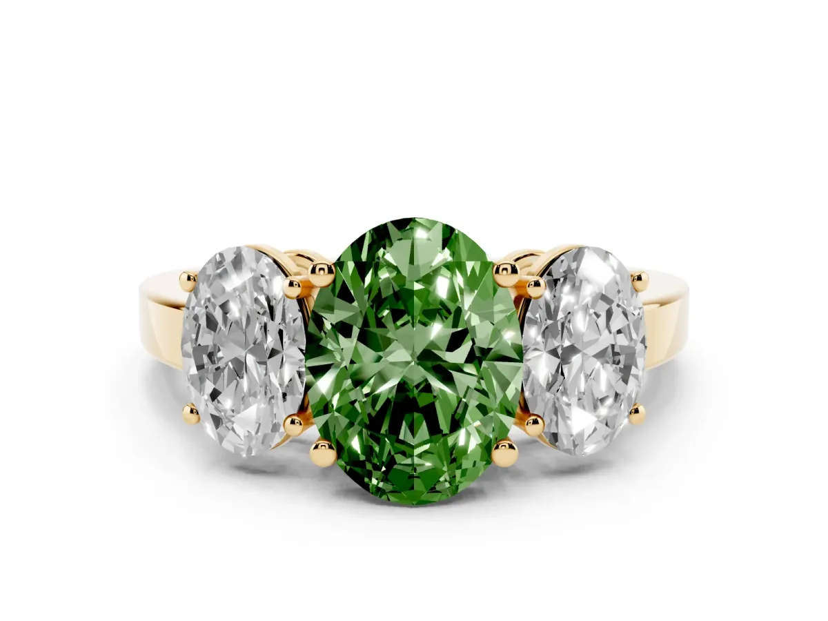 Fancy Green Three-Stone Oval Cut Cut Diamond Engagement Ring with Flat Band and Four-Prong Setting Yellow gold