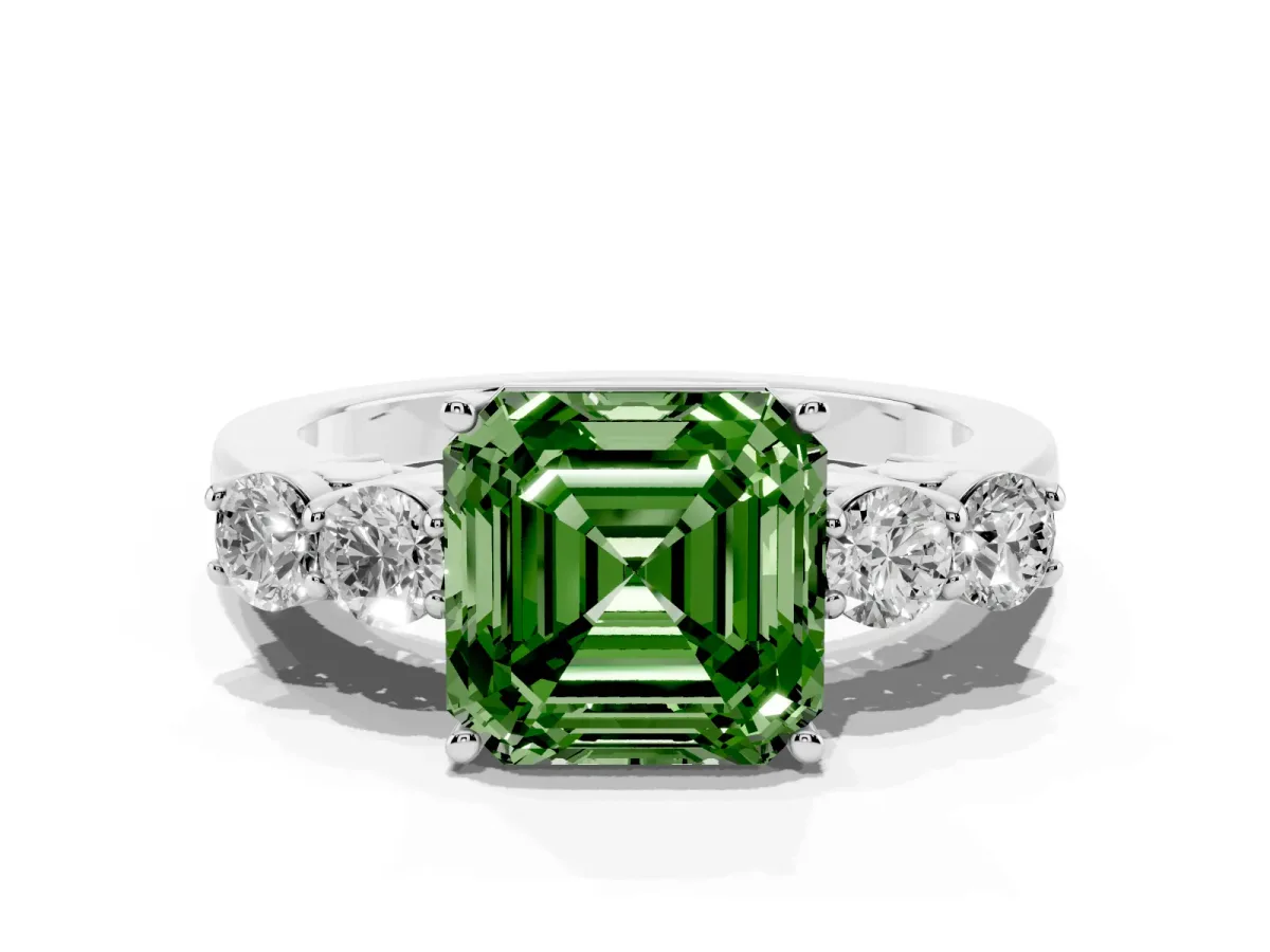 Fancy Green Asscher Cut Cut Diamond Five-Stone Prong Set White Gold Ring Platinum