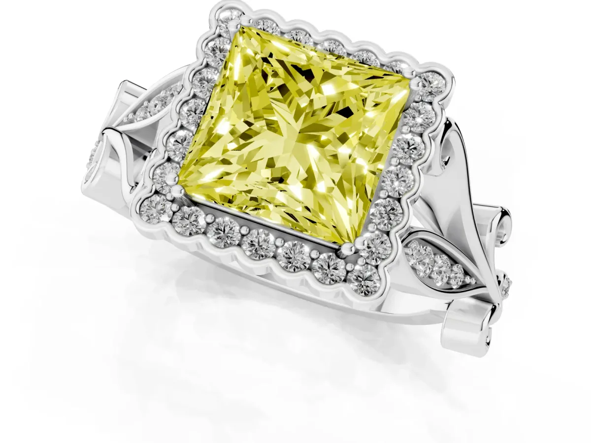 Fancy Yellow Princess Cut Diamond Halo Ring with Vintage Split Shank and Four-Prong Setting Silver