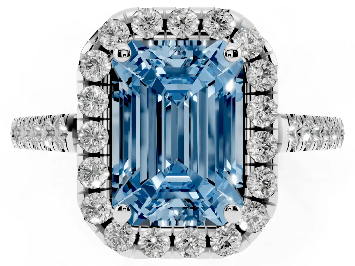 Fancy Blue Emerald Cut Halo Pavé Diamond Engagement Ring with Four-Prong Setting Silver