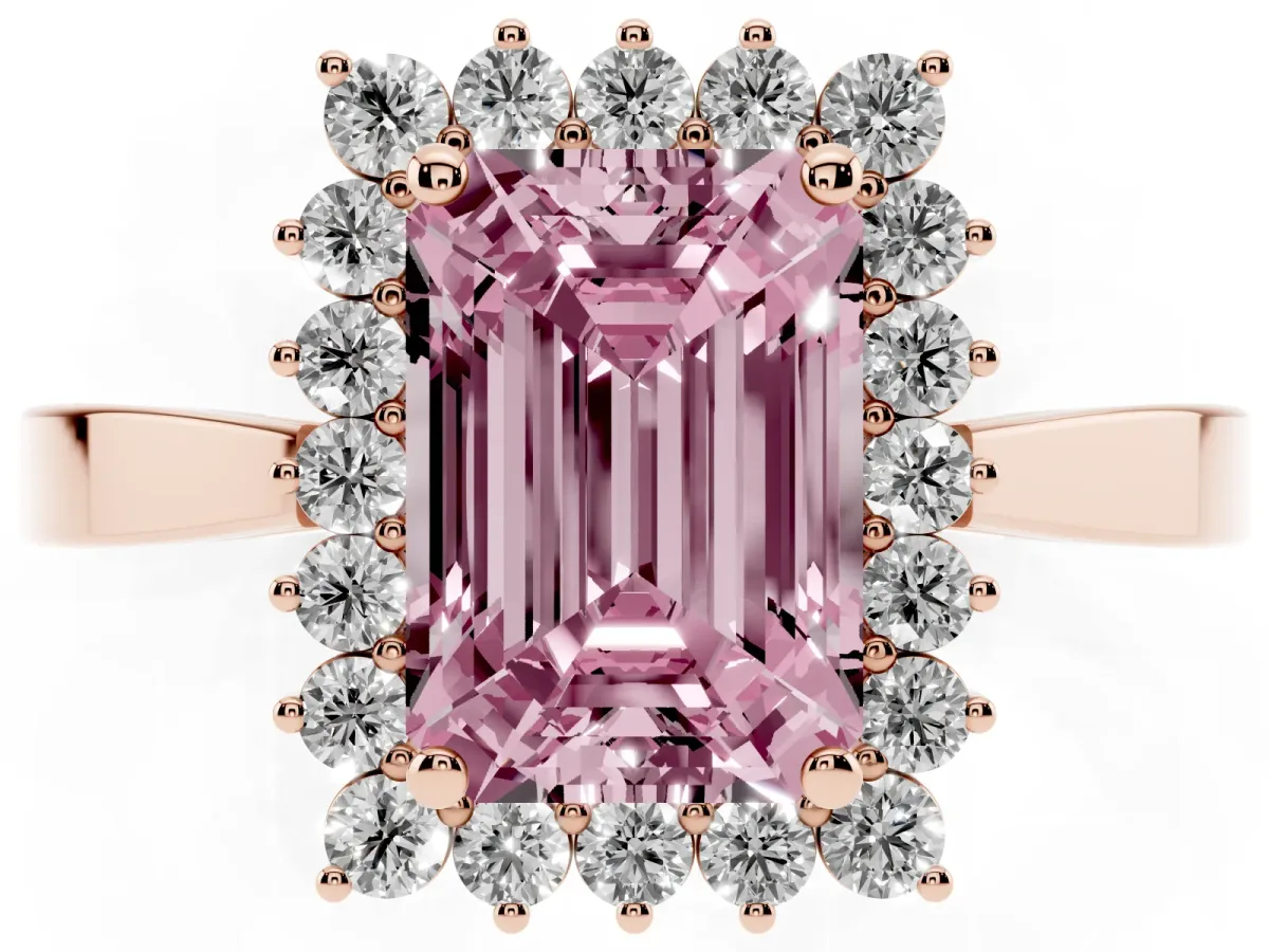 Fancy Pink Emerald Cut Cut Diamond Halo Ring with Round Brilliant Halo and Solitaire Band Rose gold
