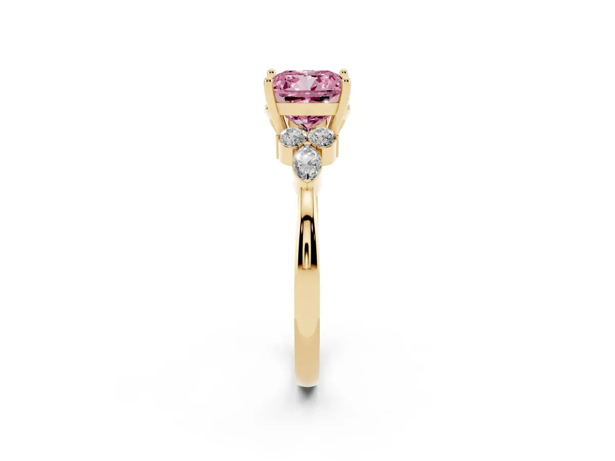 Fancy Pink Cushion Cut Brilliant Diamond Solitaire Ring with Pear Side Stones and Four-Prong Setting Yellow gold