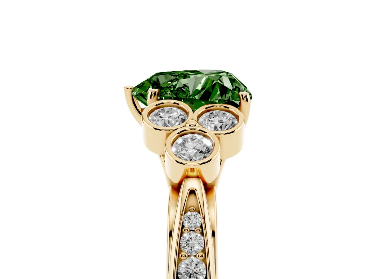 Fancy Green Heart Cut Cut Diamond Engagement Ring with Bezel Set Round Side Stones and Prong Setting Yellow gold