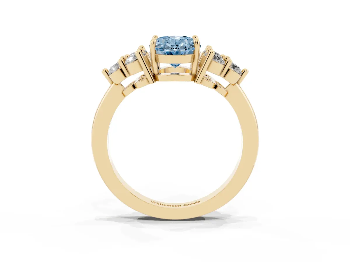 Fancy Blue Oval Cut Brilliant Diamond Cluster Accent Solitaire Ring with Prong Setting Yellow gold