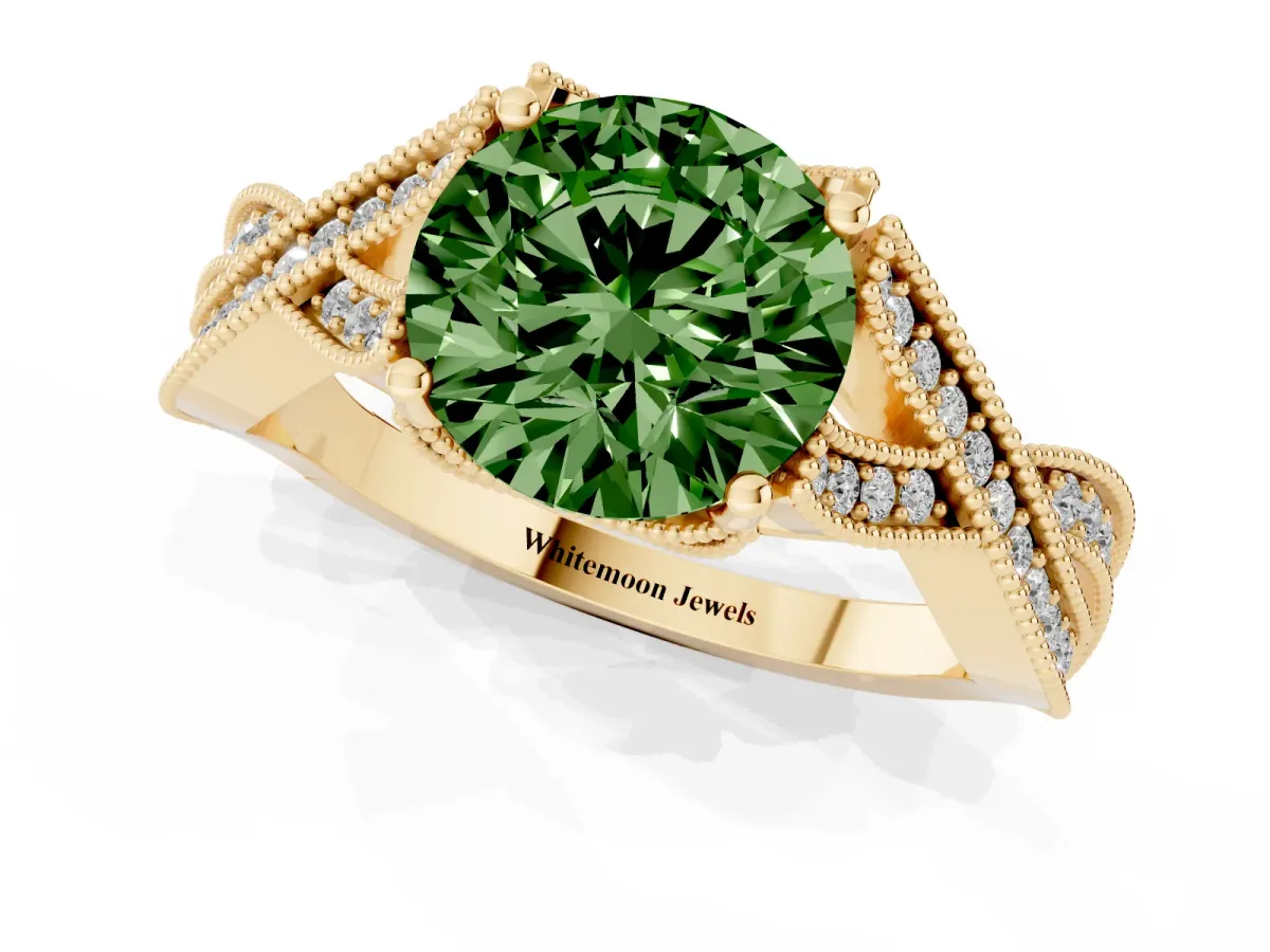Fancy Green Round Cut Cut Diamond Twisted Band with Milgrain Pave Setting and Four-Prong Setting Yellow gold
