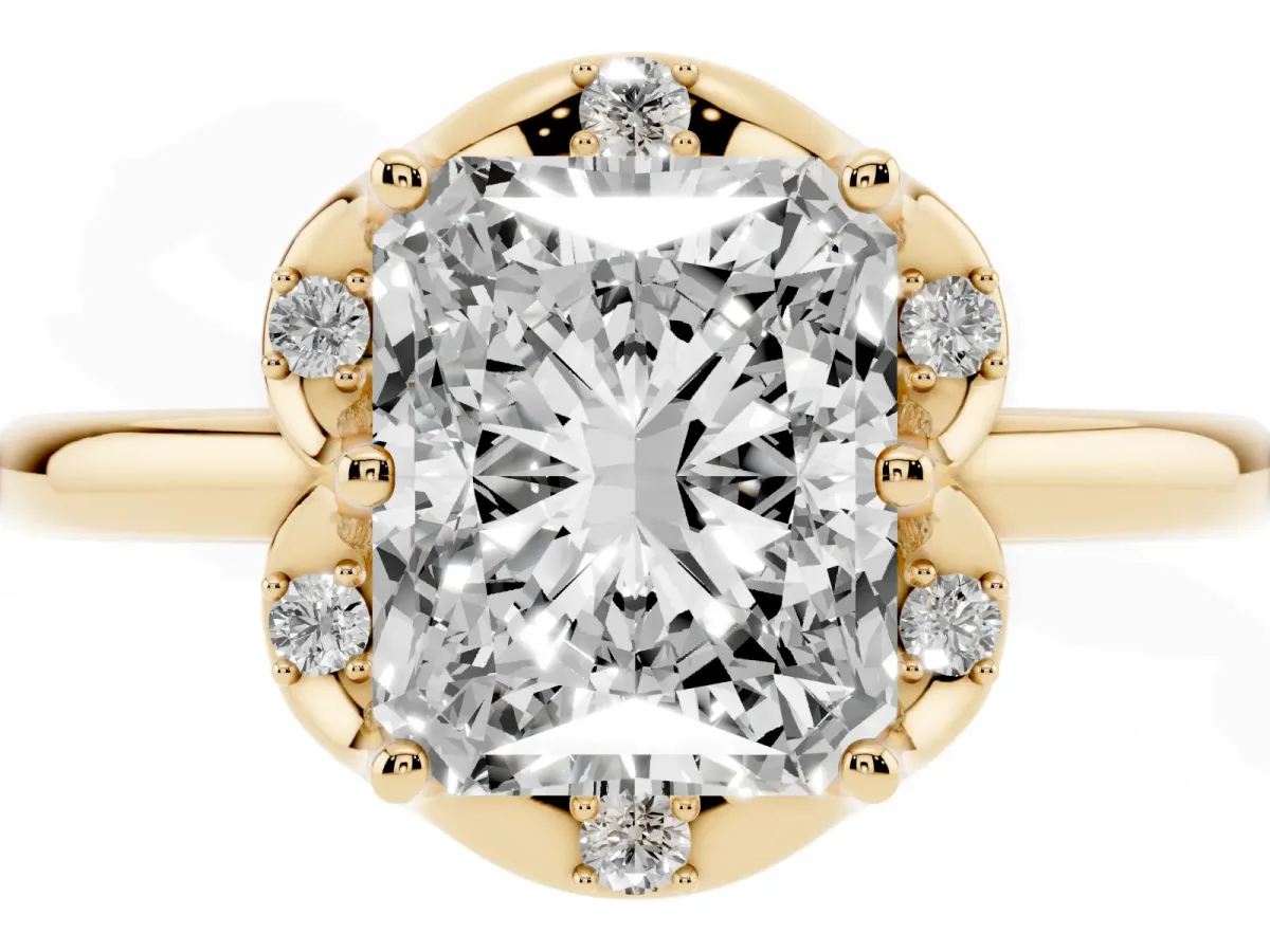 Radiant Cut Halo Diamond Ring with Round Cluster Setting, Solitaire Band, and Four-Prong Setting Yellow gold
