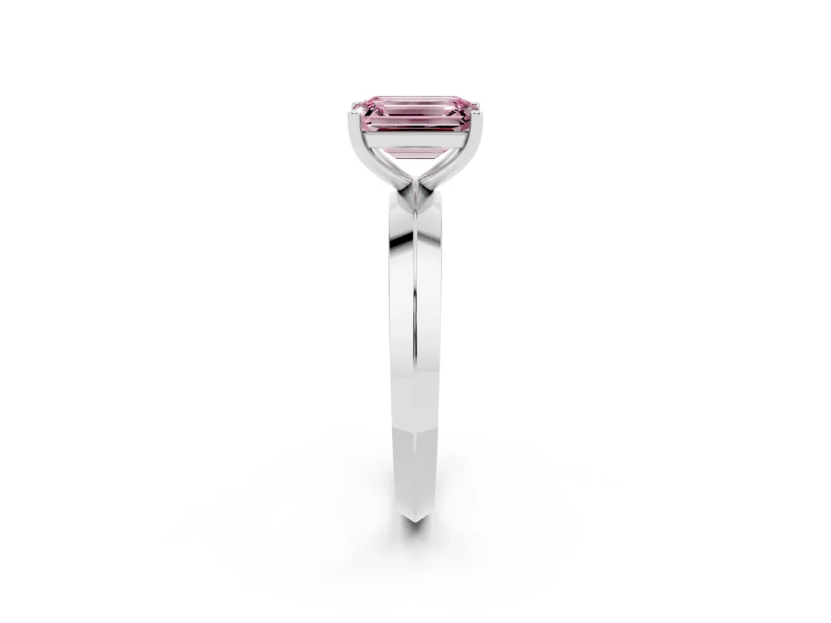 Fancy Pink Emerald Cut Cut Solitaire Engagement Ring with Flat Band and Four-Prong Setting Platinum