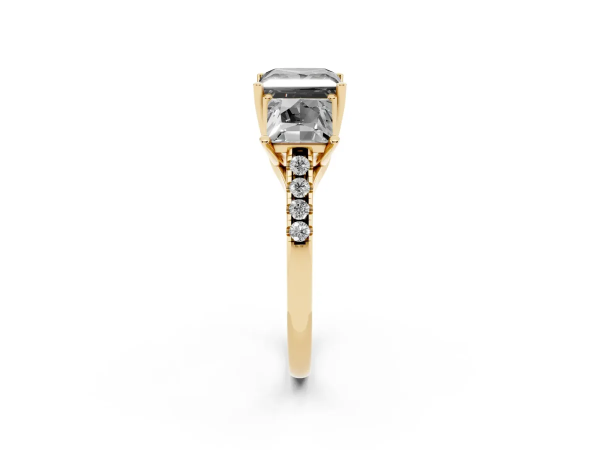 Fancy Black Three-Stone Princess Cut Diamond Ring with Round Pavé Band and Prong Setting Yellow gold