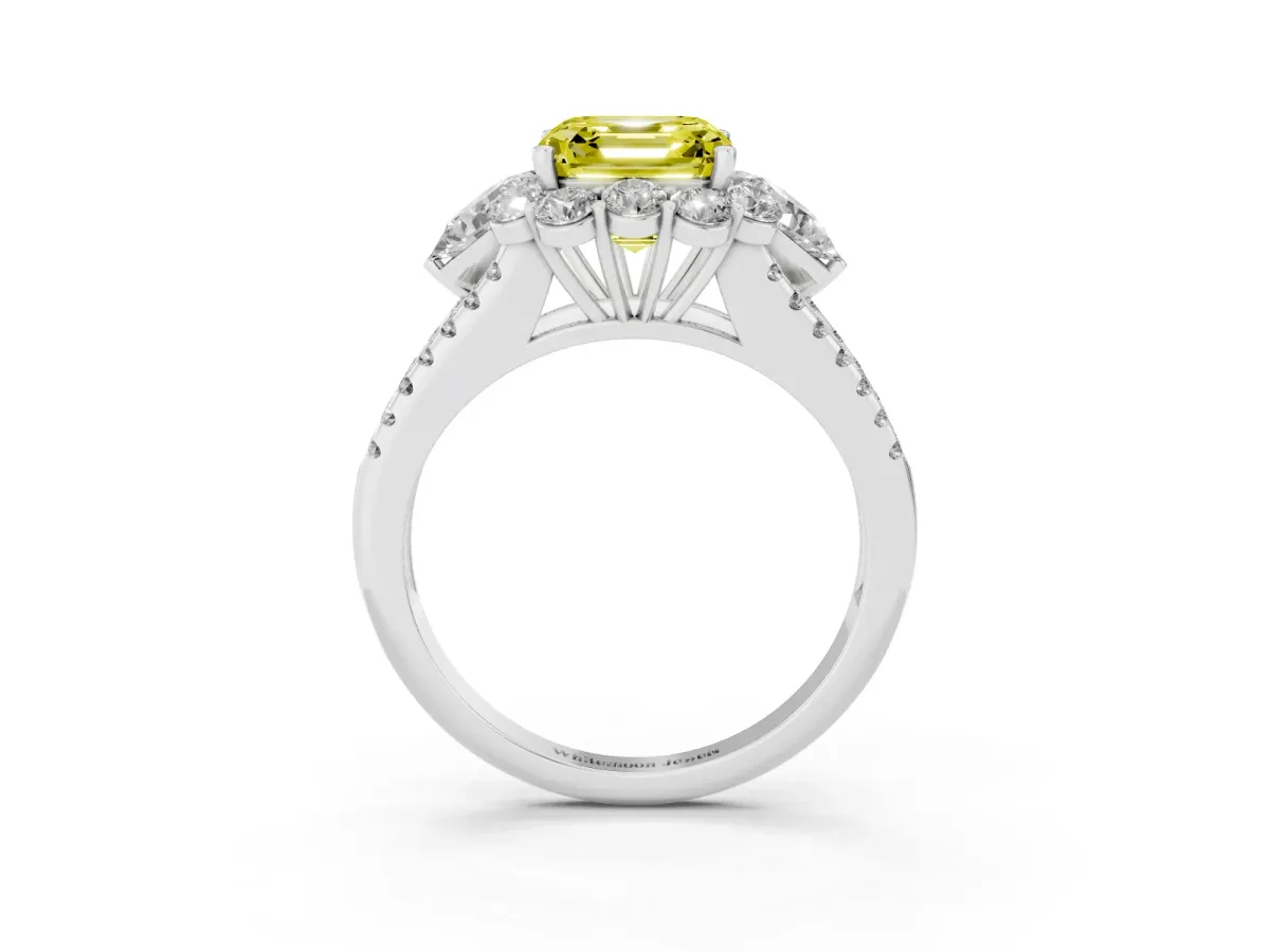 Fancy Yellow Asscher Cut Halo Split Shank Diamond Engagement Ring with Prong Setting Platinum