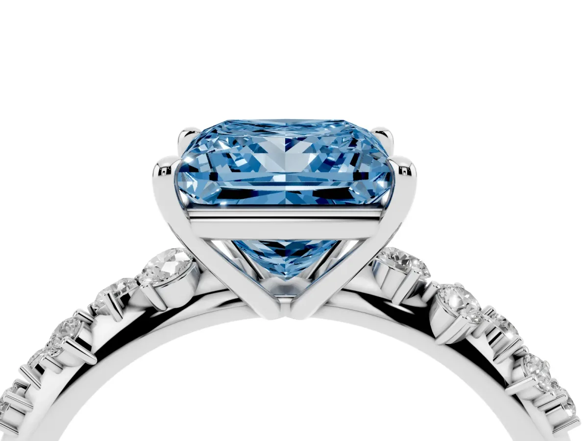 Fancy Blue Princess Cut Diamond Cluster Side Stone Solitaire Ring with Prong Setting Silver