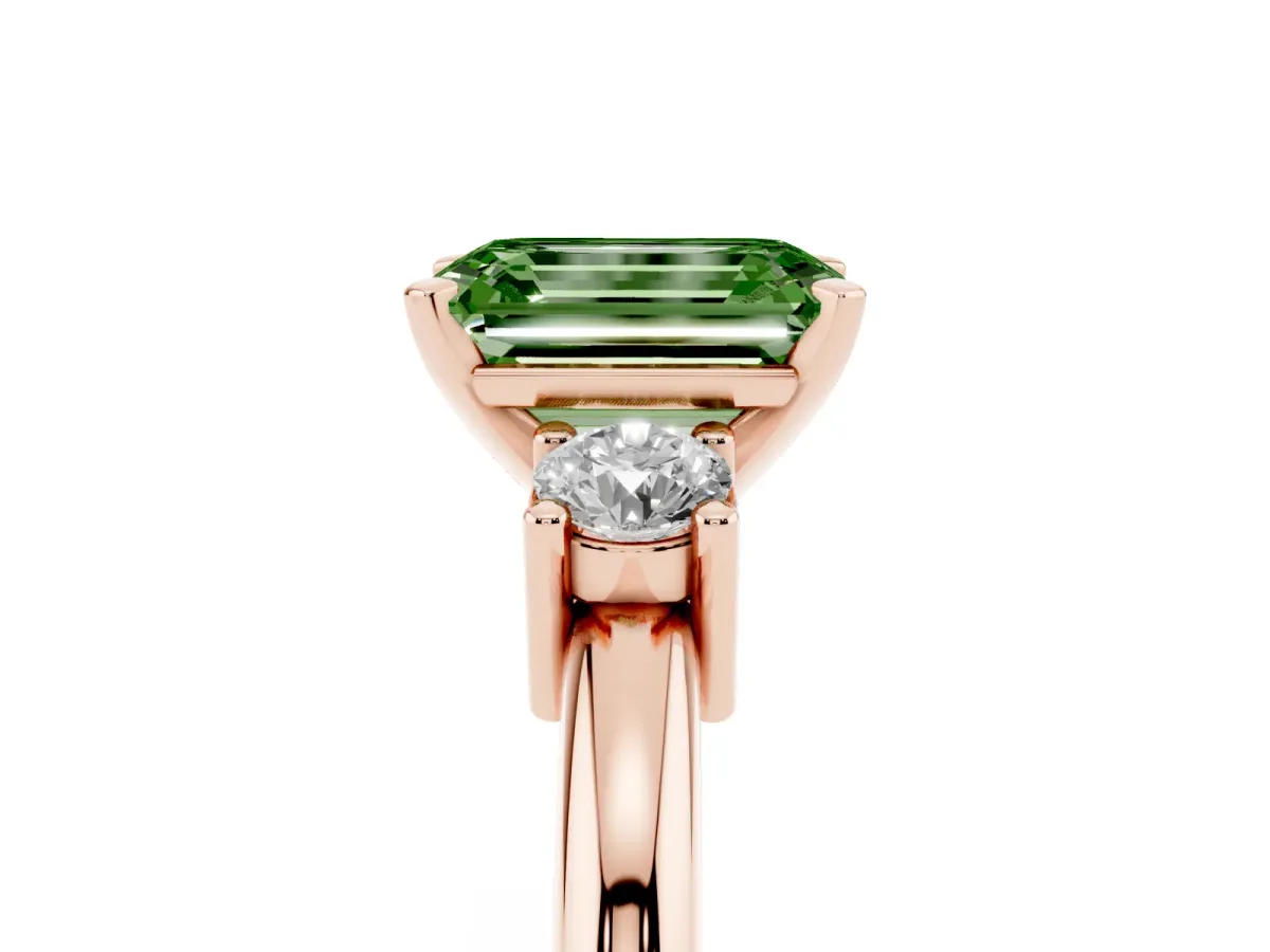 Fancy Green Three-Stone Emerald Cut Cut Diamond Solitaire with Prong Setting and Classic Band Rose gold