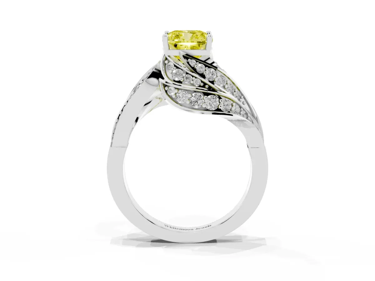Fancy Yellow Cushion Cut Diamond Solitaire Ring with Prong Setting and Twisted Pavé Band Silver