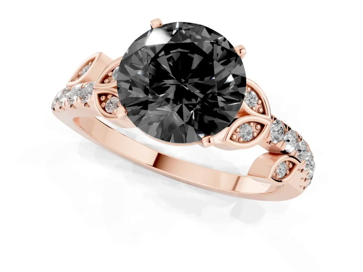 Fancy Black Round Cut Solitaire Leaf-Inspired Diamond Ring with Pavé Band and Four-Prong Setting Rose gold