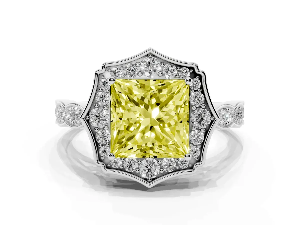 Fancy Yellow Princess Cut Halo Diamond Engagement Ring with Milgrain Band and Four-Prong Setting Silver