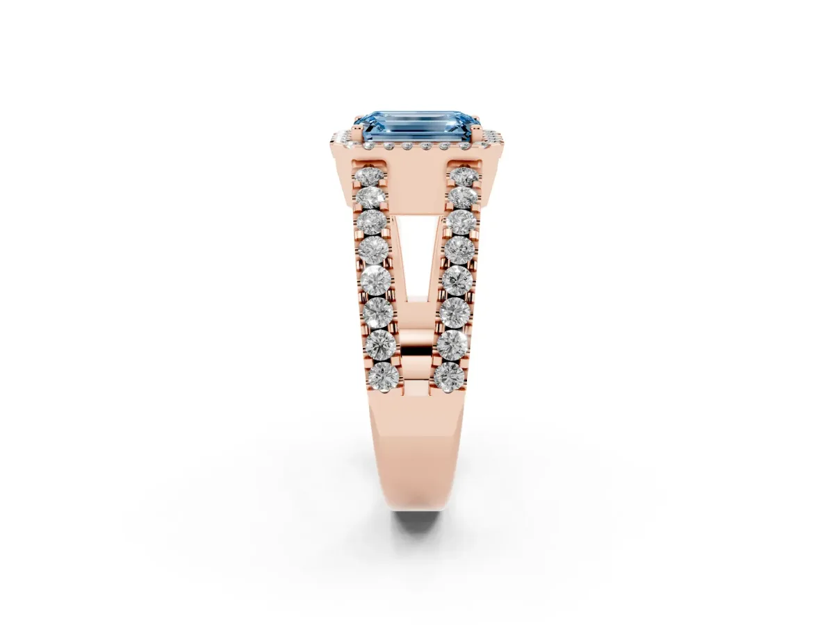 Fancy Blue Emerald Cut Cut Halo Split Shank Diamond Ring with Four-Prong Setting Rose gold