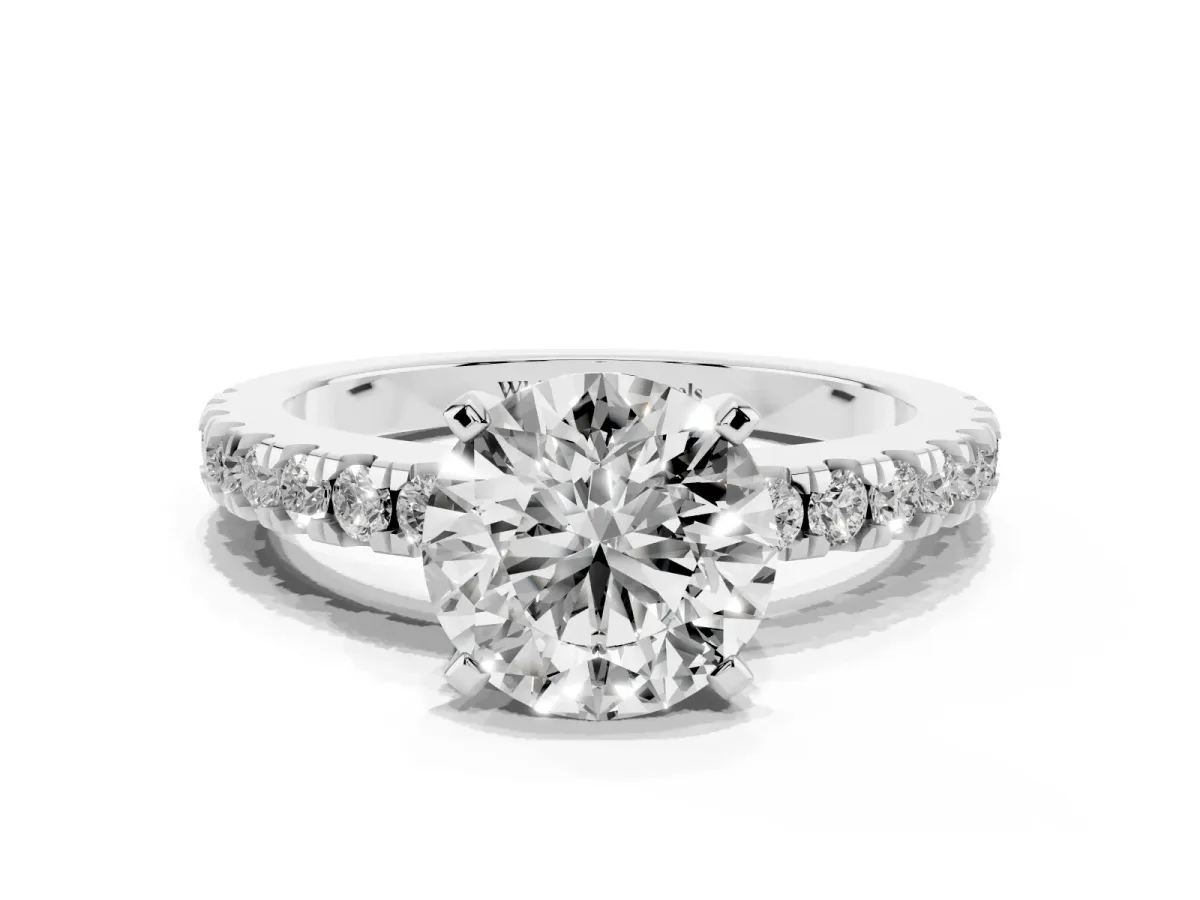 Round Cut Solitaire Diamond with Pavé Band and Four-Prong Setting Silver
