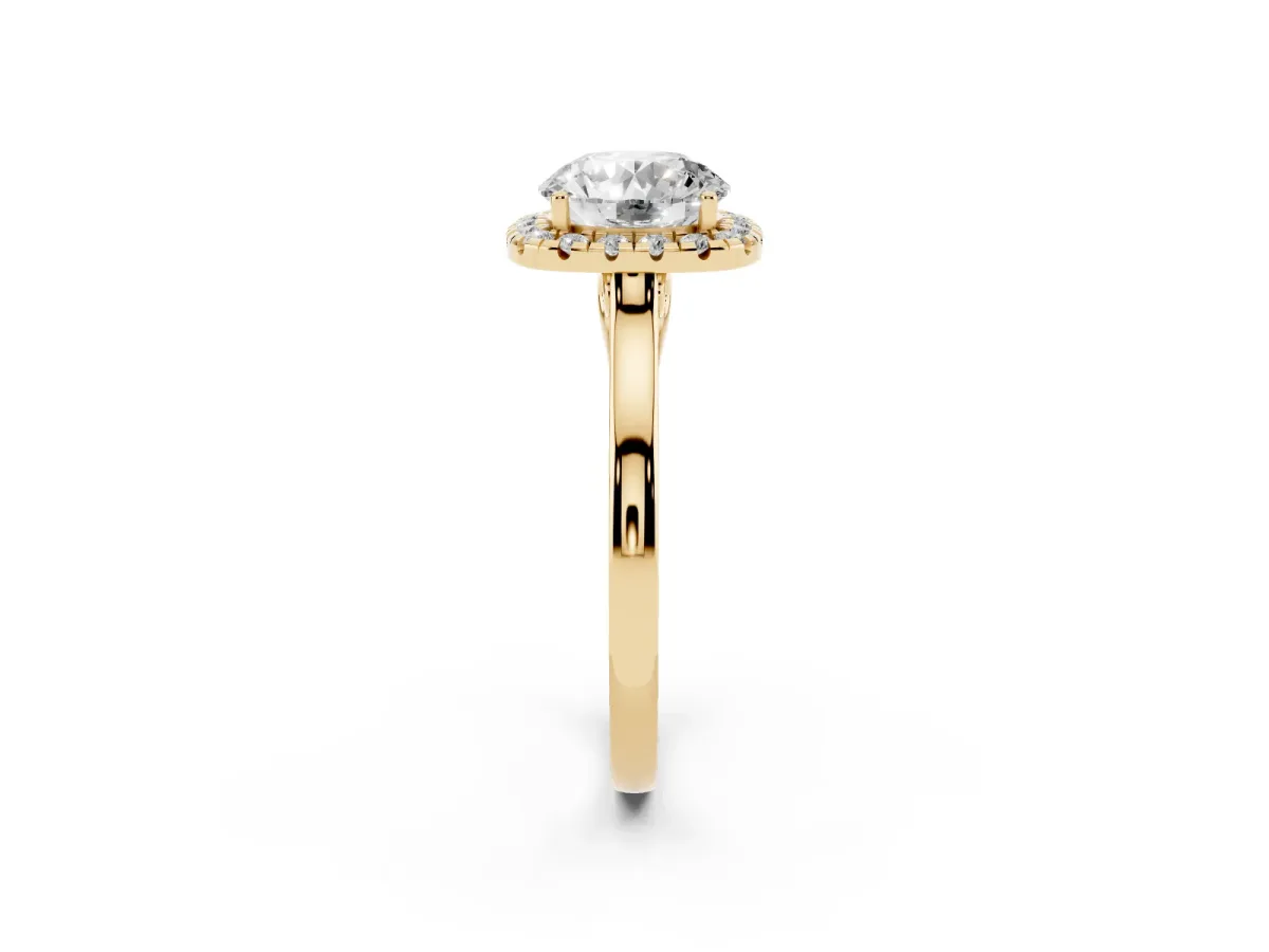 Round Cut Halo Round Diamond Solitaire Ring with Pavé Band and Four-Prong Setting Yellow gold
