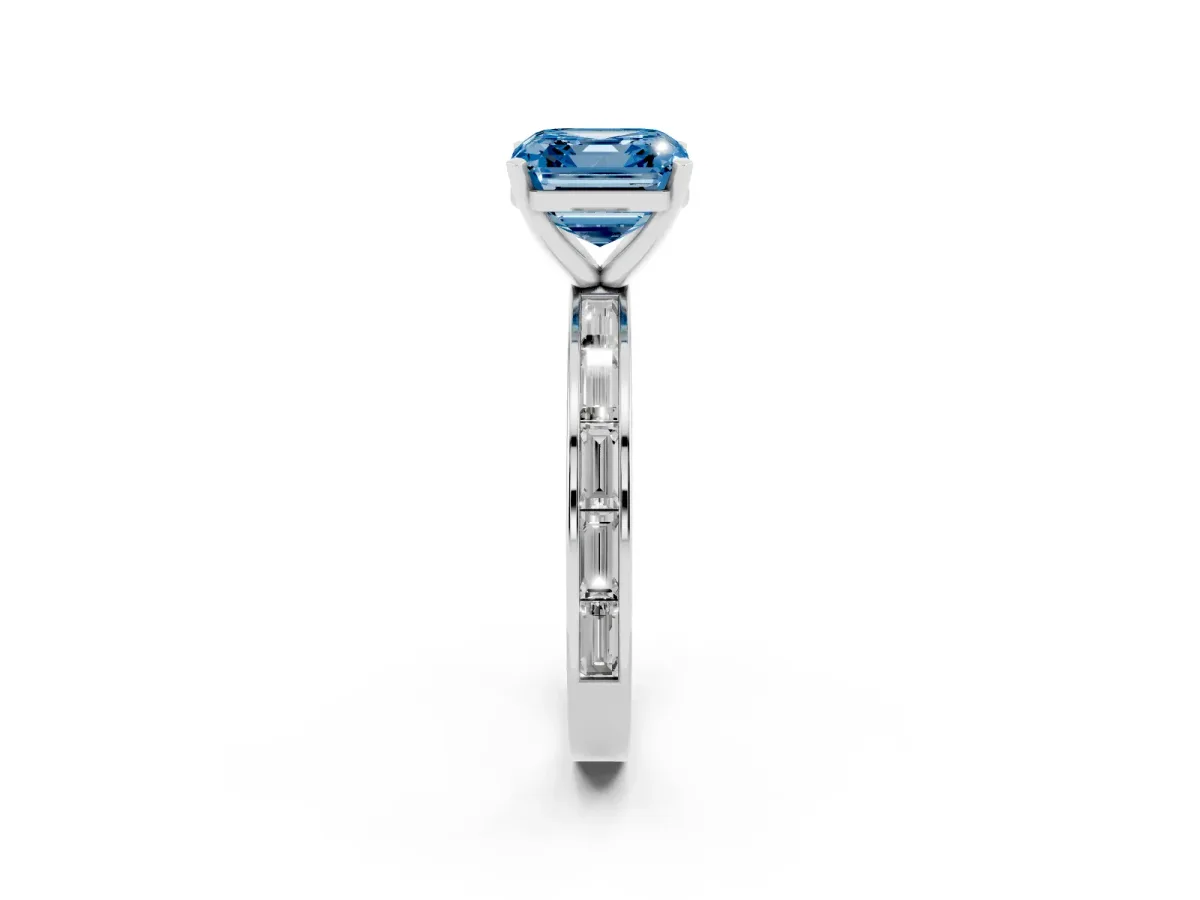 Fancy Blue Asscher Cut Solitaire Diamond Ring with Channel-Set Baguette Band and Four-Prong Setting Silver