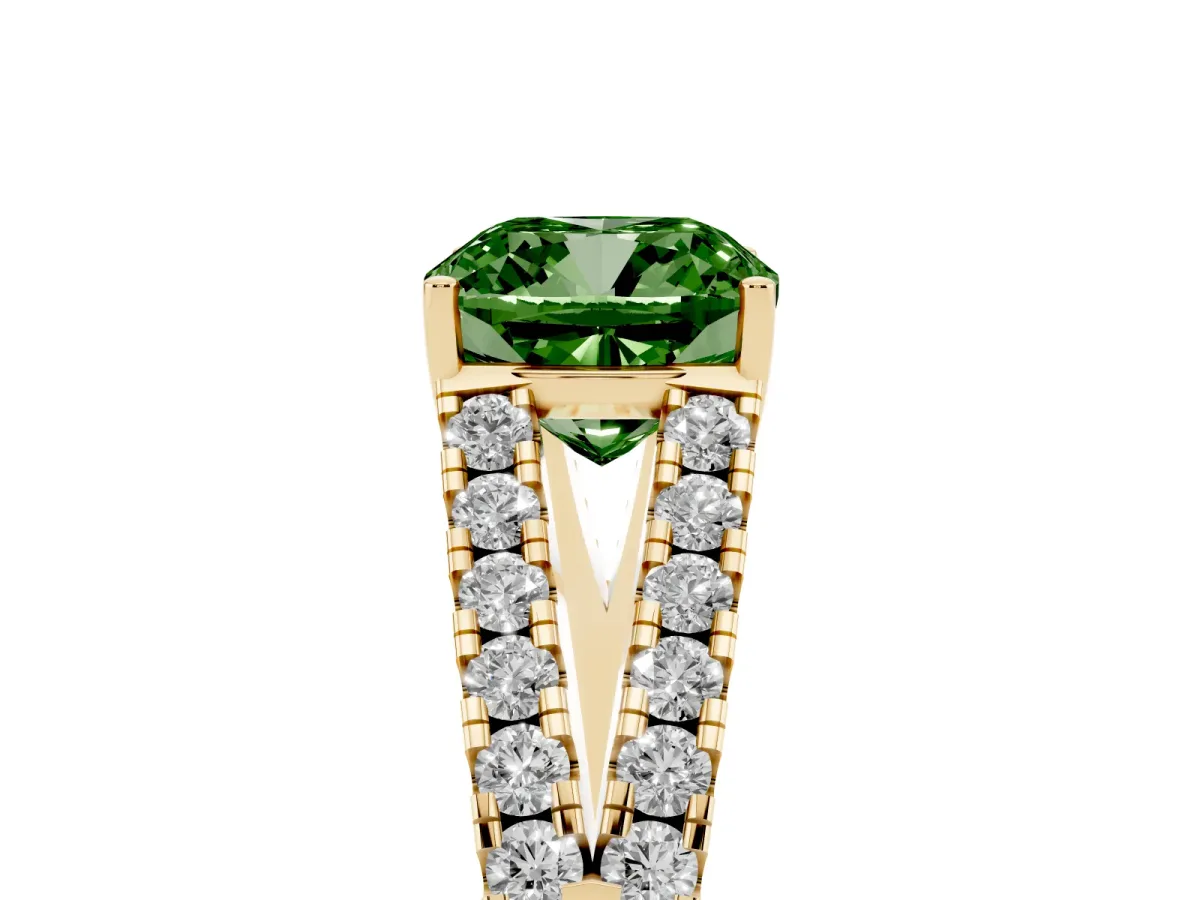 Fancy Green Cushion Cut Diamond Split Shank Engagement Ring with Round Pavé and Prong Setting Yellow gold