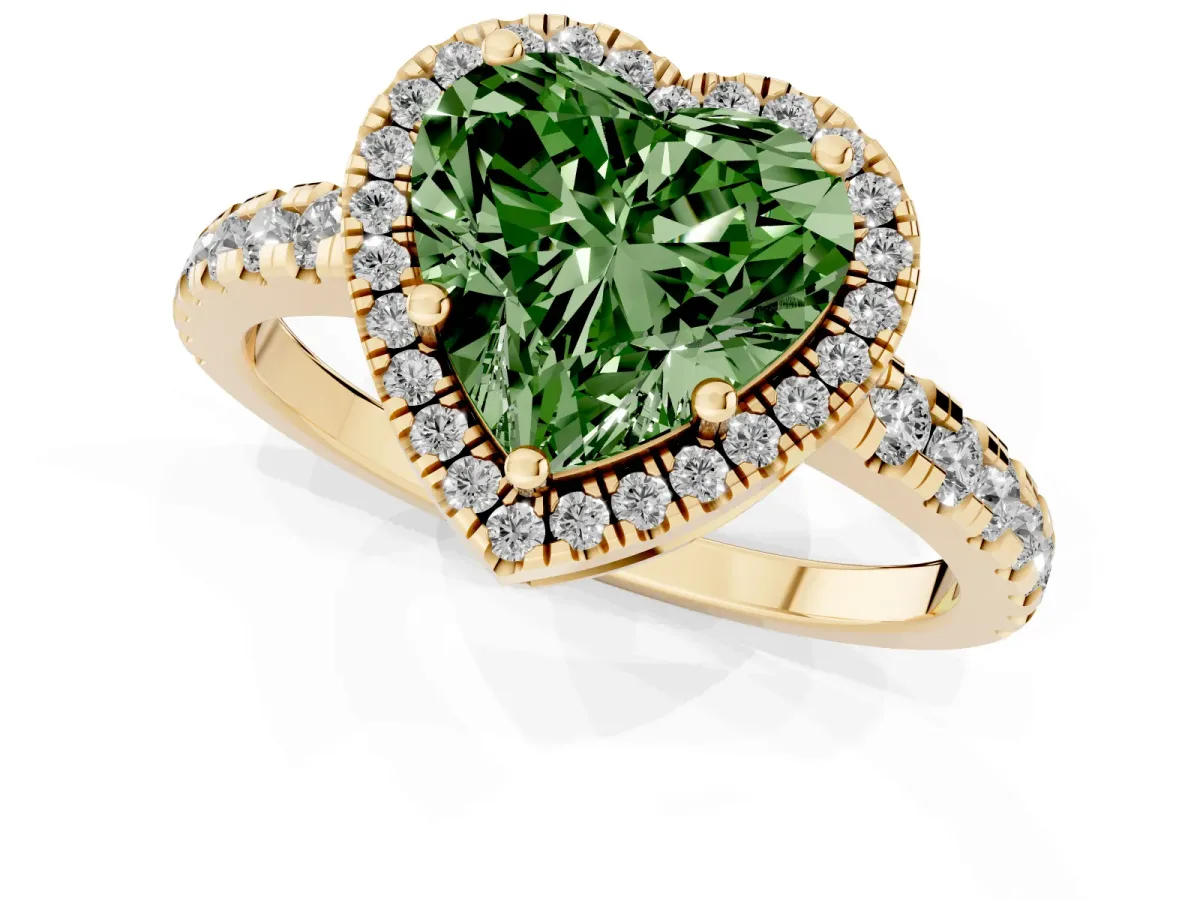 Fancy Green Heart Cut Diamond Halo Ring with Pavé Band and Four-Prong Setting Yellow gold