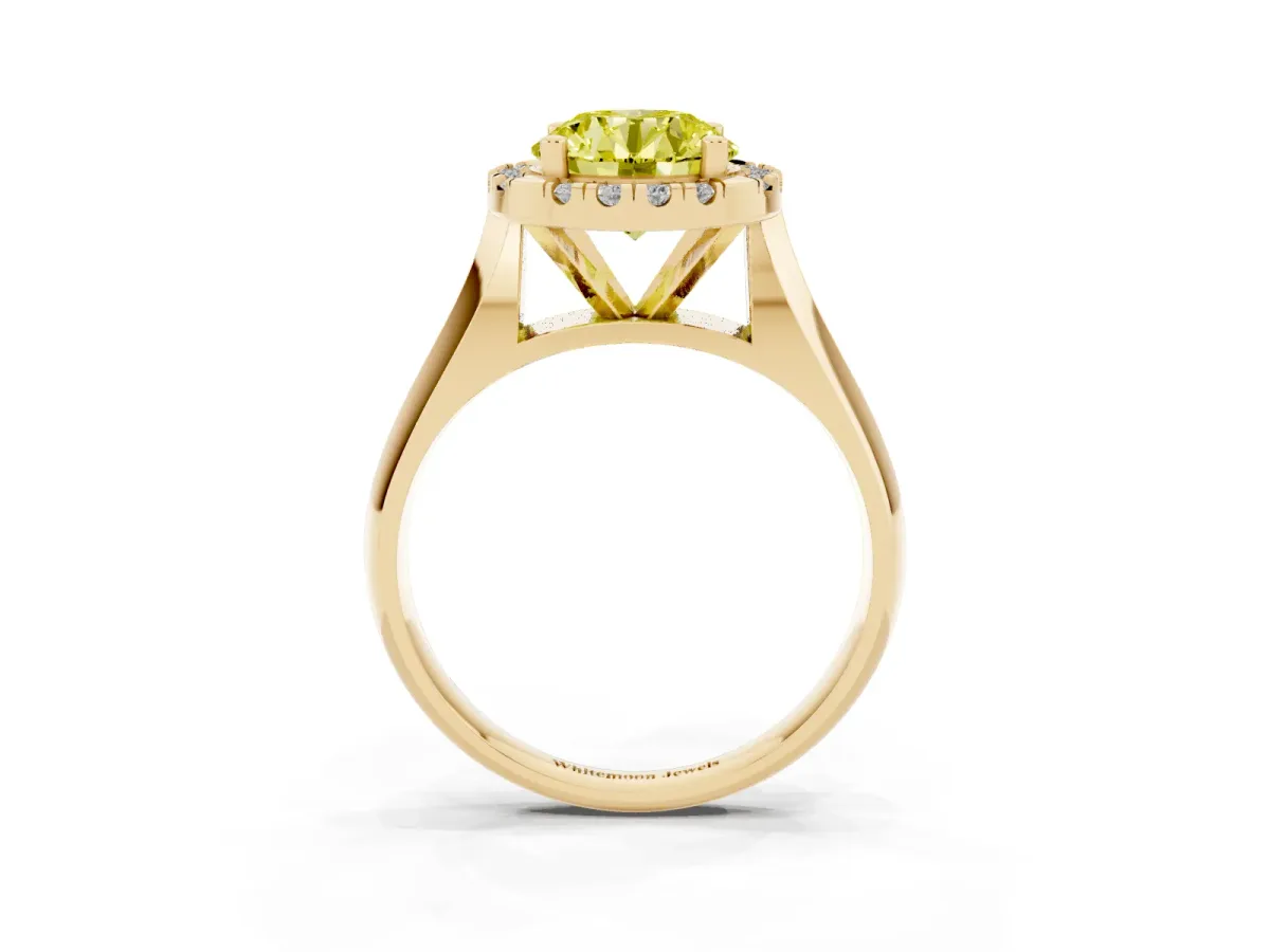 Fancy Yellow Round Cut Cut Halo Solitaire Engagement Ring with Square Band and Four-Prong Setting Yellow gold