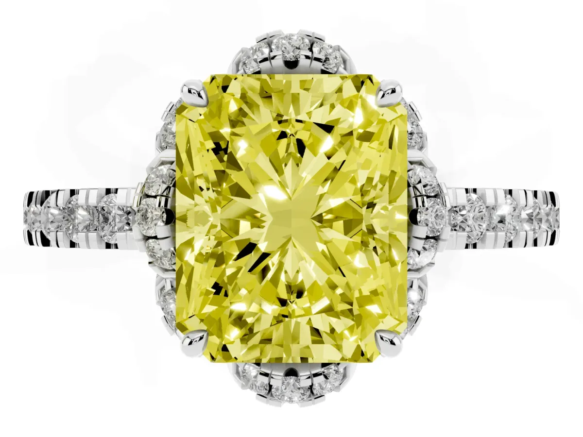 Fancy Yellow Radiant Cut Halo Diamond Pave Band Ring with Four-Prong Setting Silver