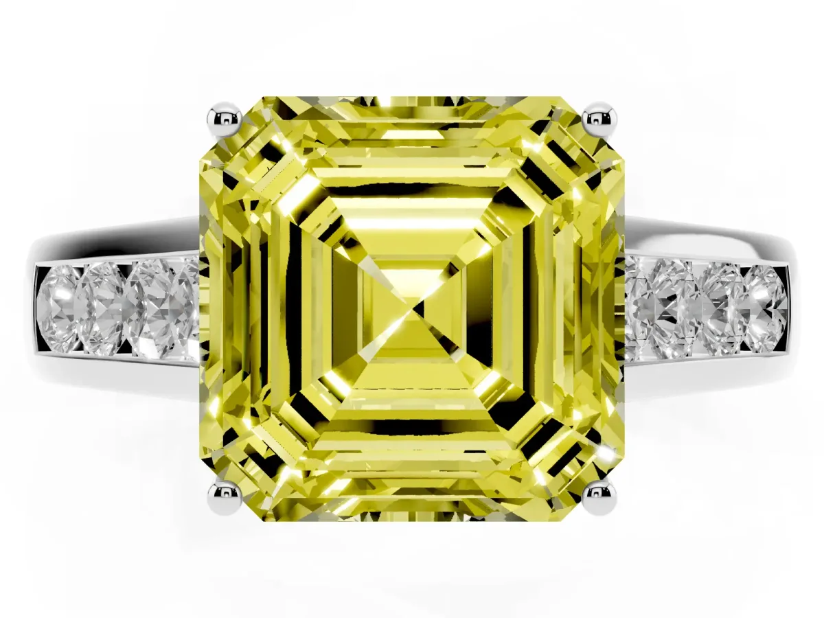 Fancy Yellow Asscher Cut Solitaire Channel-Set Diamond Engagement Ring with Four-Prong Setting Silver