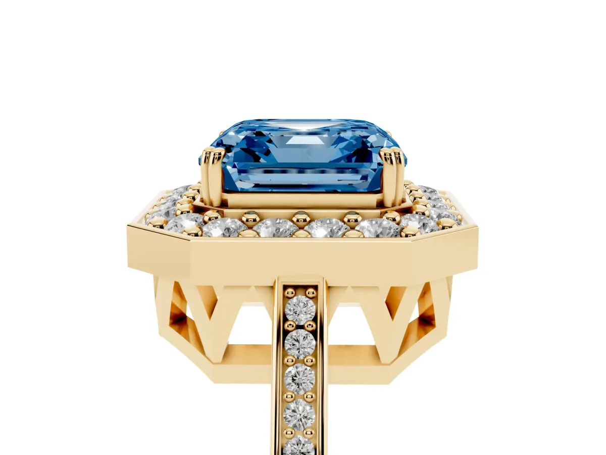 Fancy Blue Asscher Cut Diamond Halo Ring with Split Shank and Four-Prong Setting Yellow gold