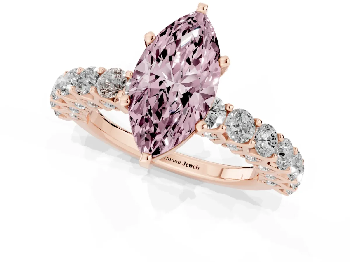 Fancy Pink Marquise Cut Diamond Solitaire Ring with Shared Prong Pavé Band and Four-Prong Setting Rose gold