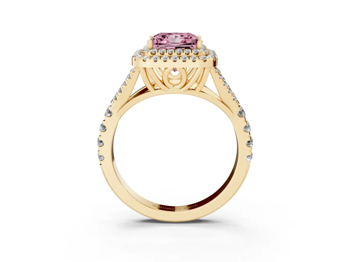 Fancy Pink Princess Cut Cut Double Halo Split Shank Diamond Ring with Prong Setting Yellow gold