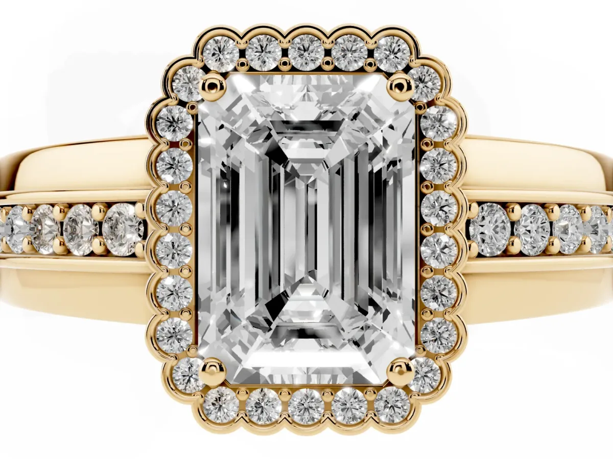 Emerald Cut Cut Halo Pave Band Four-Prong Ring Yellow gold
