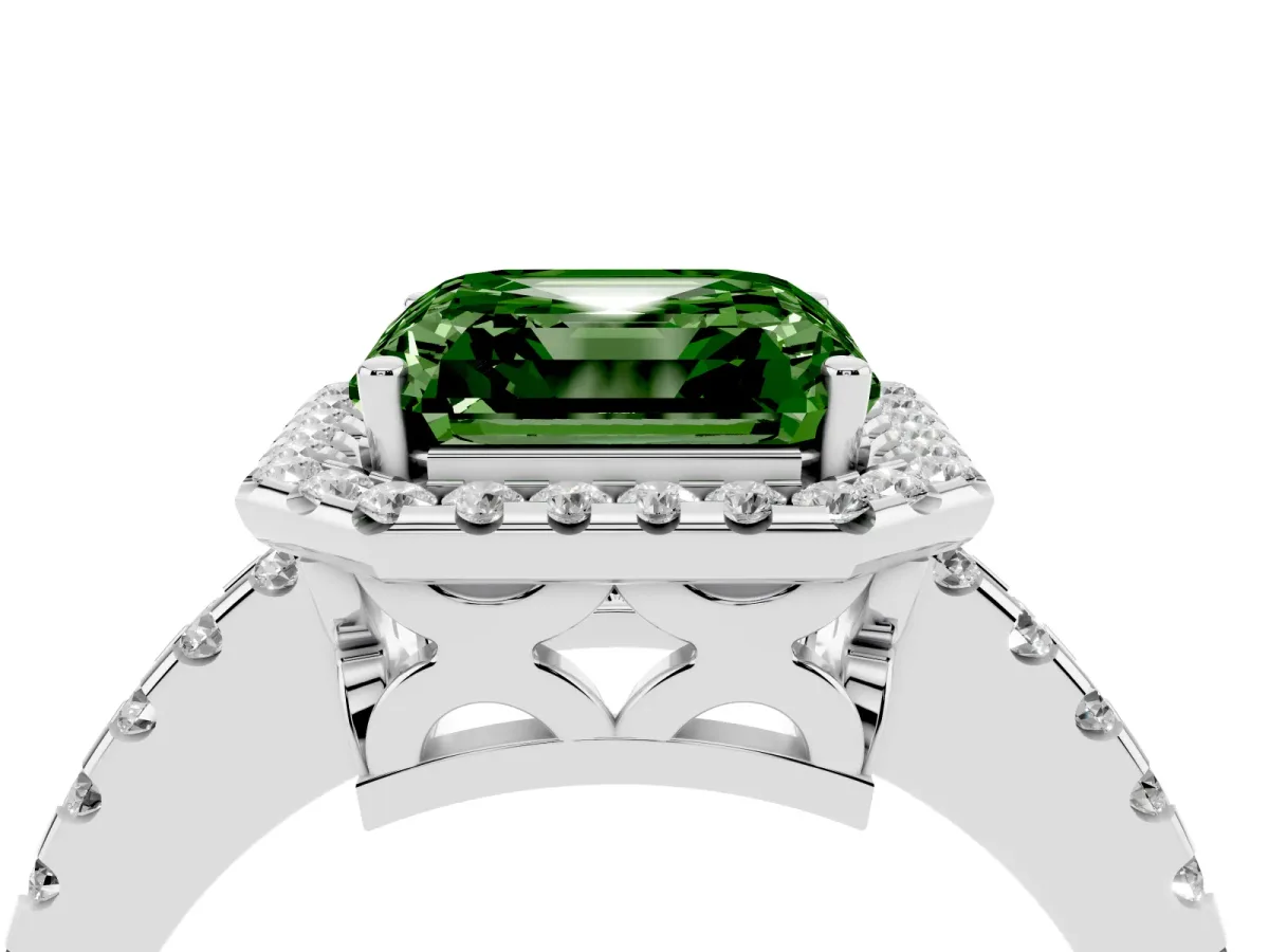 Fancy Green Asscher Cut Diamond Halo Engagement Ring with Pavé Band and Prong Setting Platinum