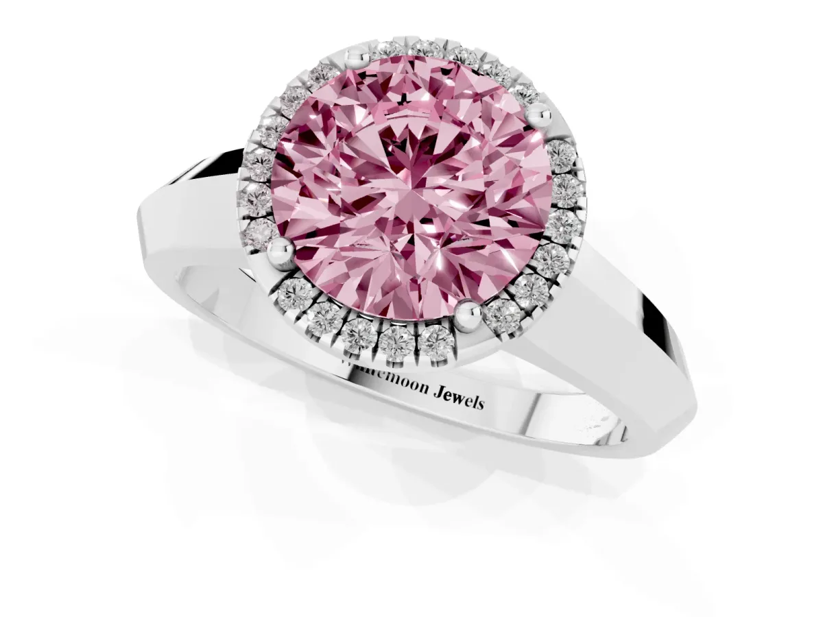 Fancy Pink Round Cut Halo Diamond Ring with Cathedral Band and Four-Prong Setting White gold