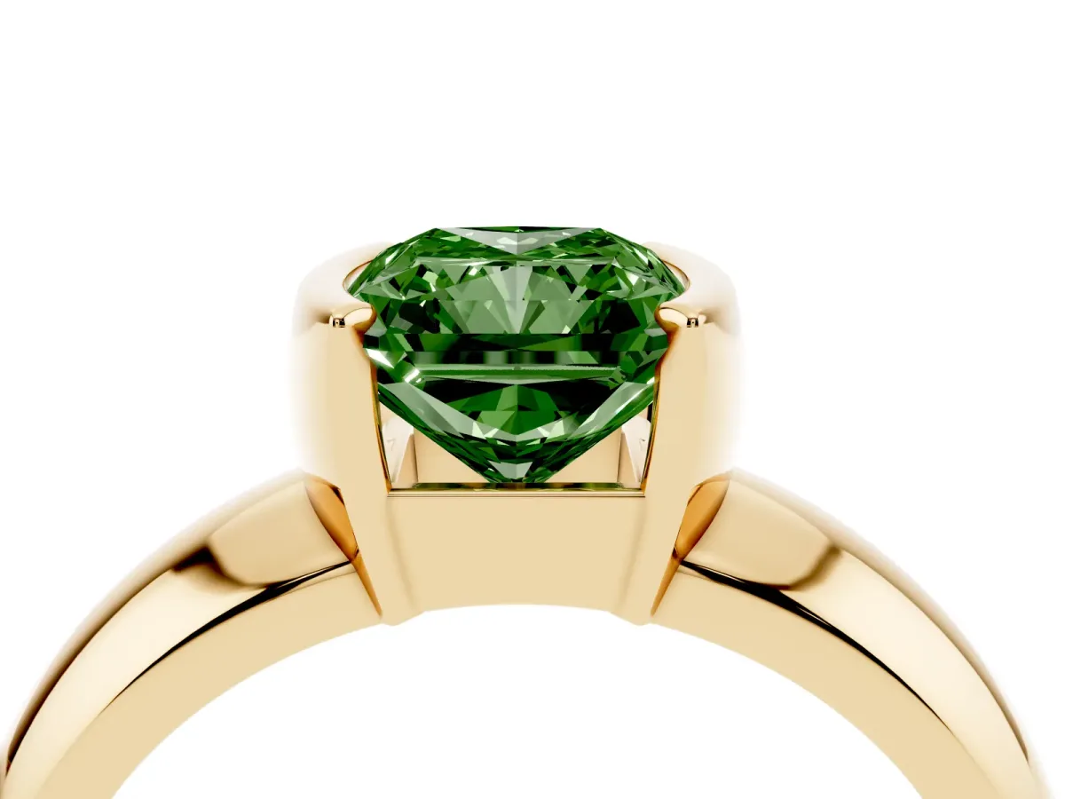 Fancy Green Radiant Cut Solitaire Tension Set Diamond Ring with Wide Band Yellow gold