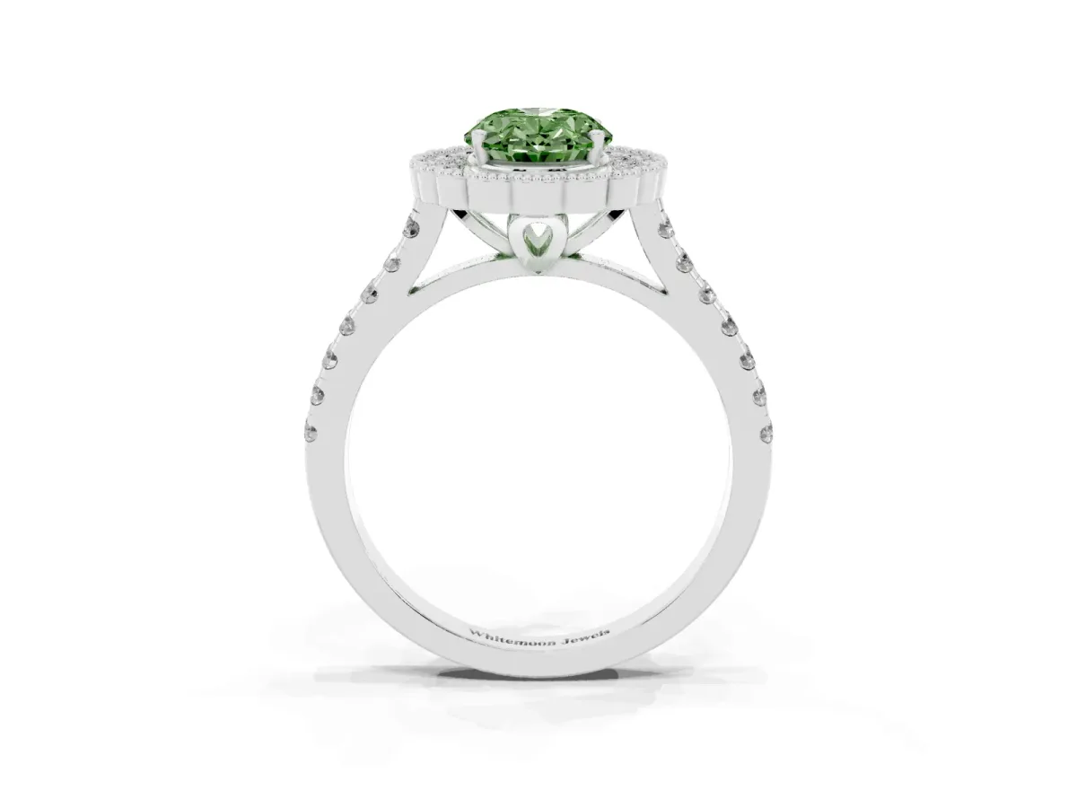 Fancy Green Oval Cut Cut Diamond Milgrain Floral Halo Engagement Ring with Pavé Band Silver