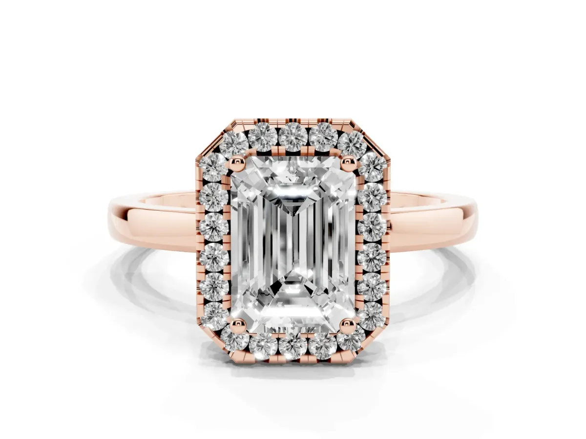 Emerald Cut Halo Diamond Solitaire with Pavé Band and Four-Prong Setting Rose gold