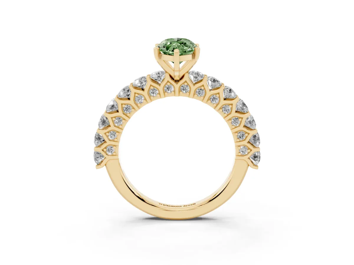 Fancy Green Marquise Cut Diamond Solitaire Ring with Shared Prong Pavé Band and Four-Prong Setting Yellow gold