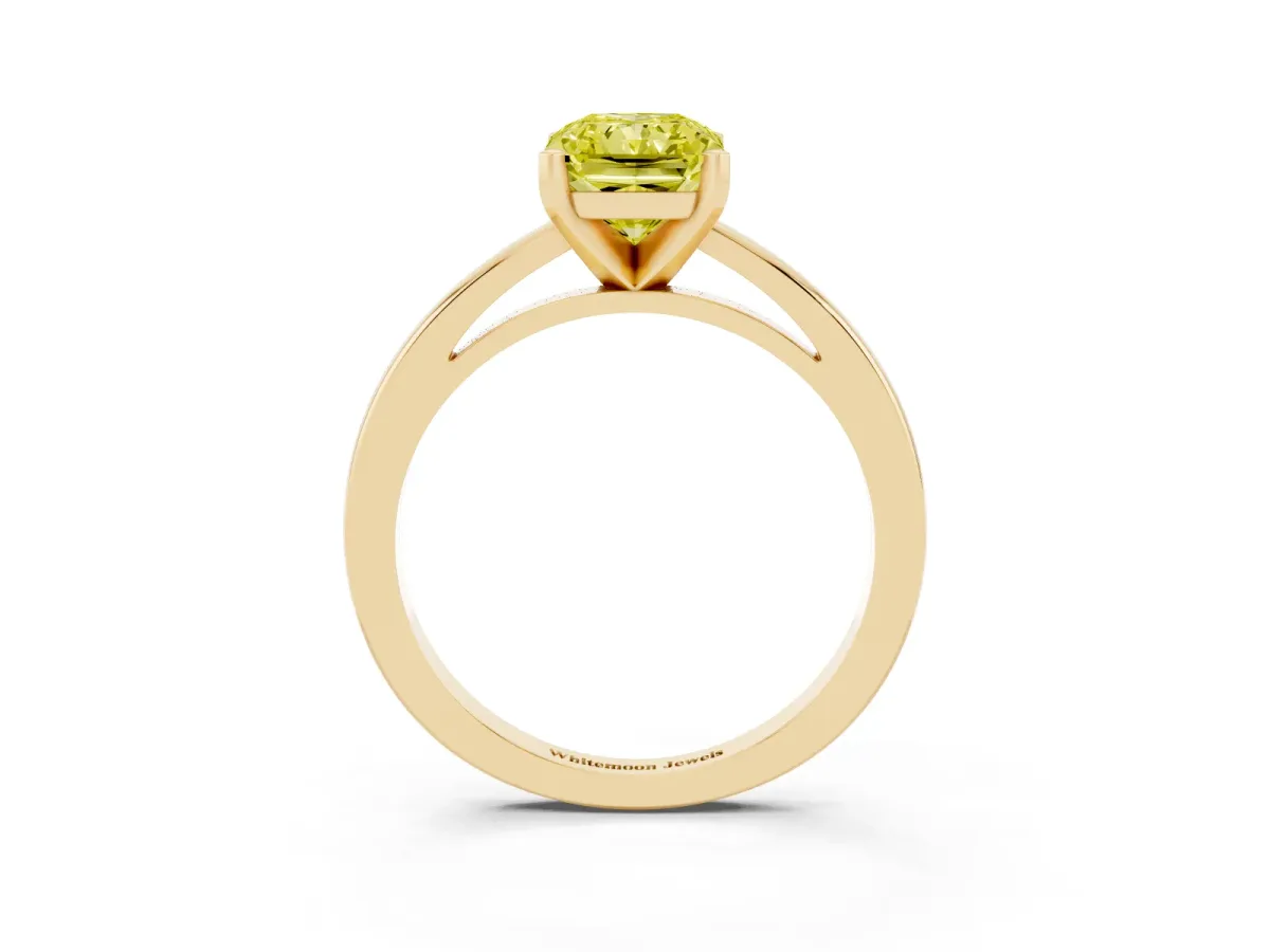 Fancy Yellow Radiant Cut Solitaire Diamond Engagement Ring with Four-Prong Setting on a Classic Band Yellow gold