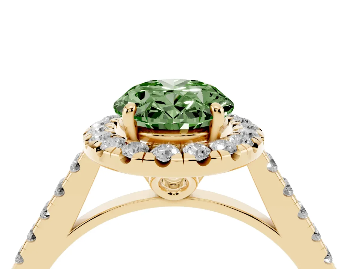 Fancy Green Oval Cut Halo Pavé Diamond Engagement Ring with Four-Prong Setting Yellow gold