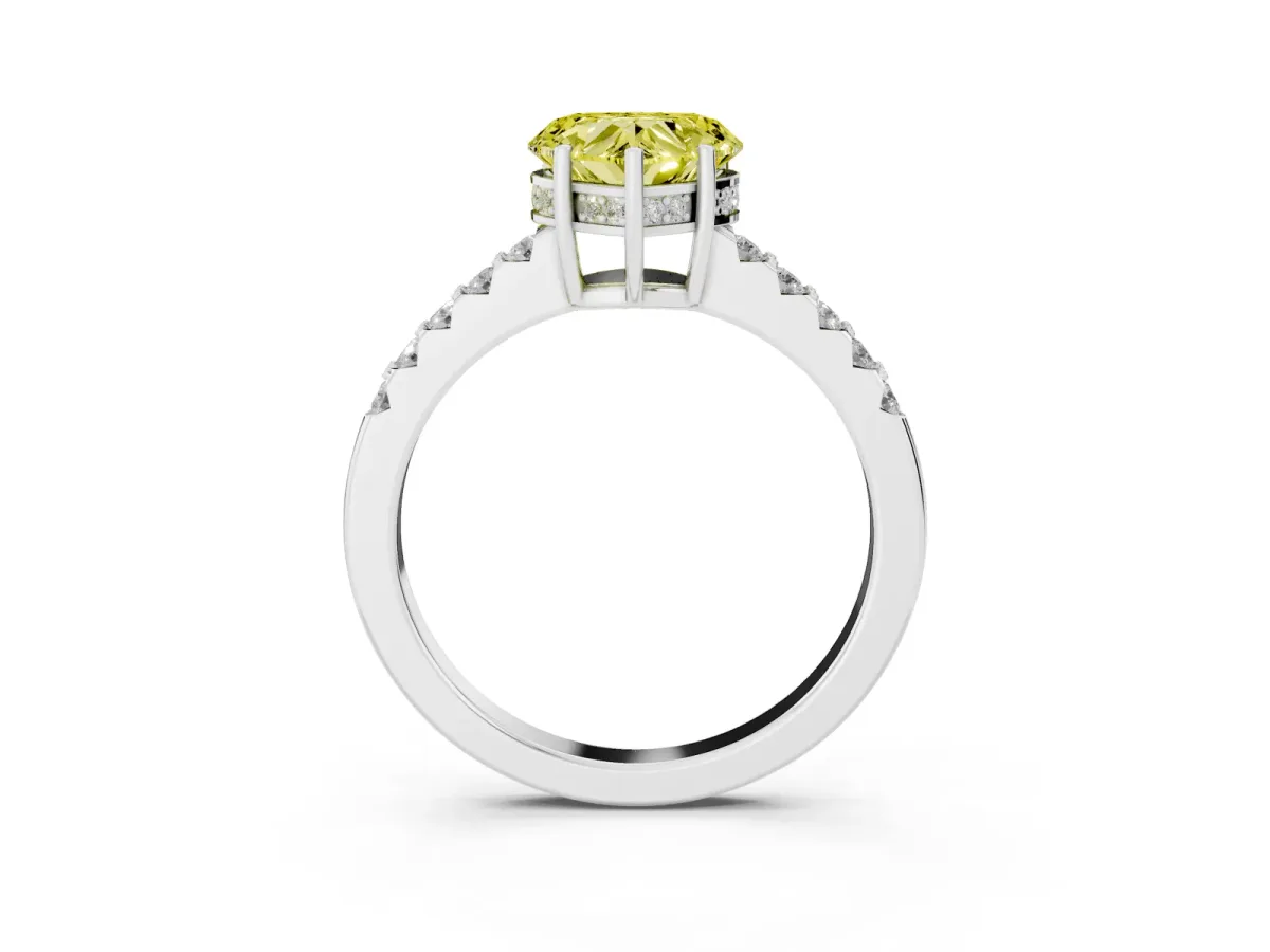 Fancy Yellow Heart Cut Solitaire Diamond Engagement Ring with Pavé Band and Six-Prong Setting Platinum
