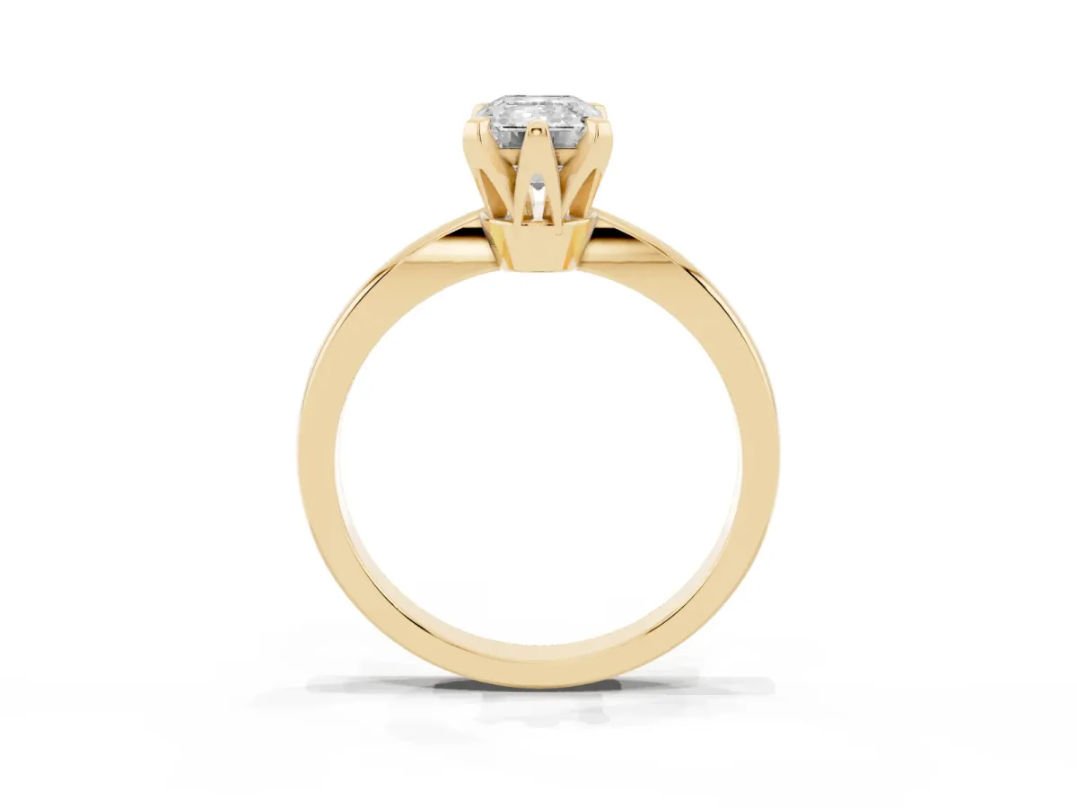 Emerald Cut Solitaire Engagement Ring with Six-Prong Setting and Tapered Band Yellow gold