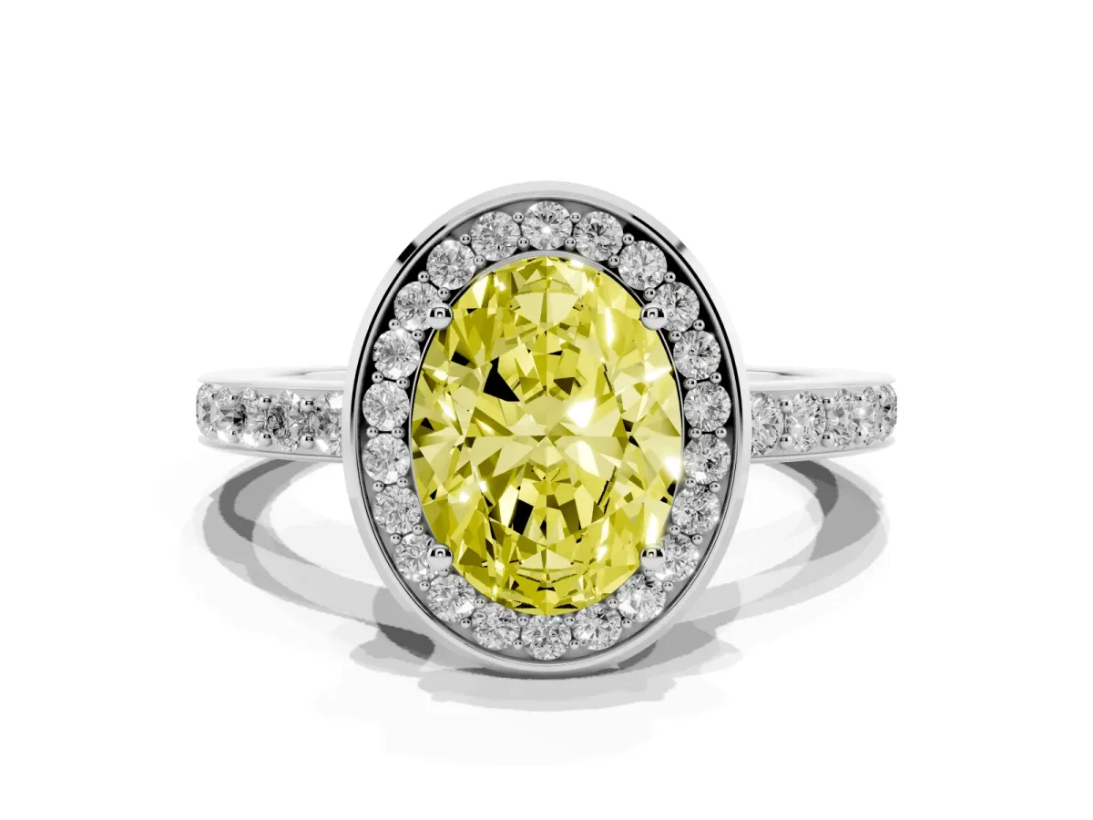 Fancy Yellow Oval Cut Diamond Halo Ring with Bezel Frame and Pavé Band Silver