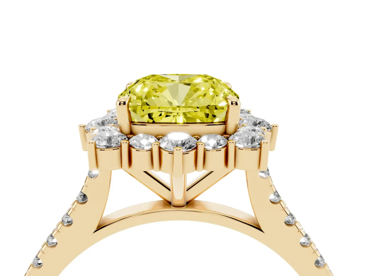 Fancy Yellow Cushion Cut Halo Diamond Ring with Pavé Band and Prong Setting Yellow gold