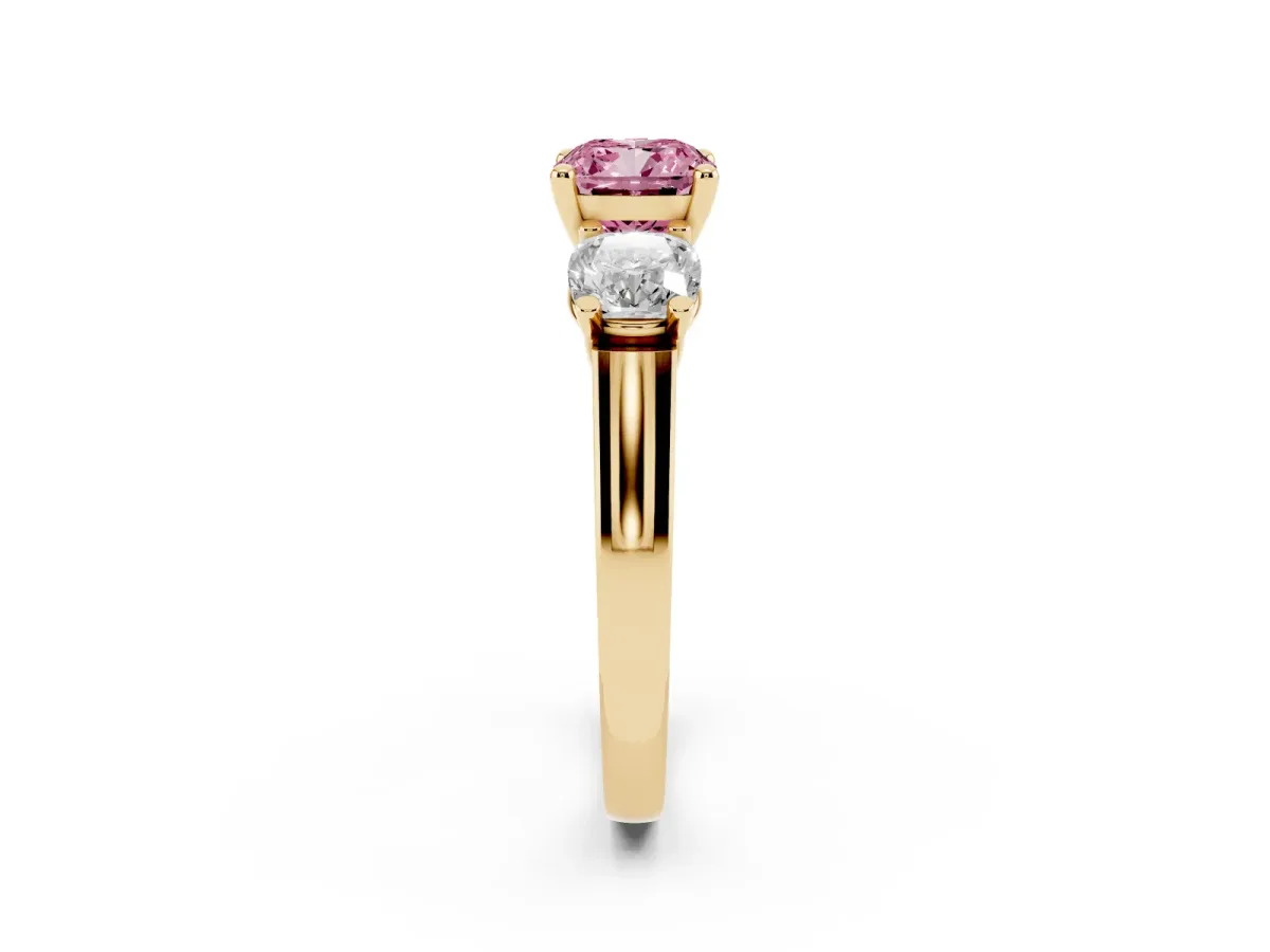 Fancy Pink Three-Stone Cushion Cut Brilliant Diamond Trellis Ring with Comfort Fit Band Yellow gold