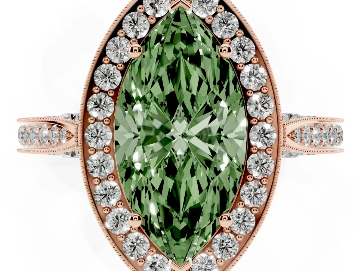 Fancy Green Marquise Cut Halo Diamond Engagement Ring with Split Shank Band and Four-Prong Setting Rose gold