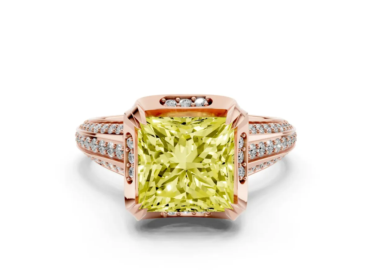 Fancy Yellow Princess Cut Solitaire Pave Split Shank Ring with Four-Prong Setting Rose gold