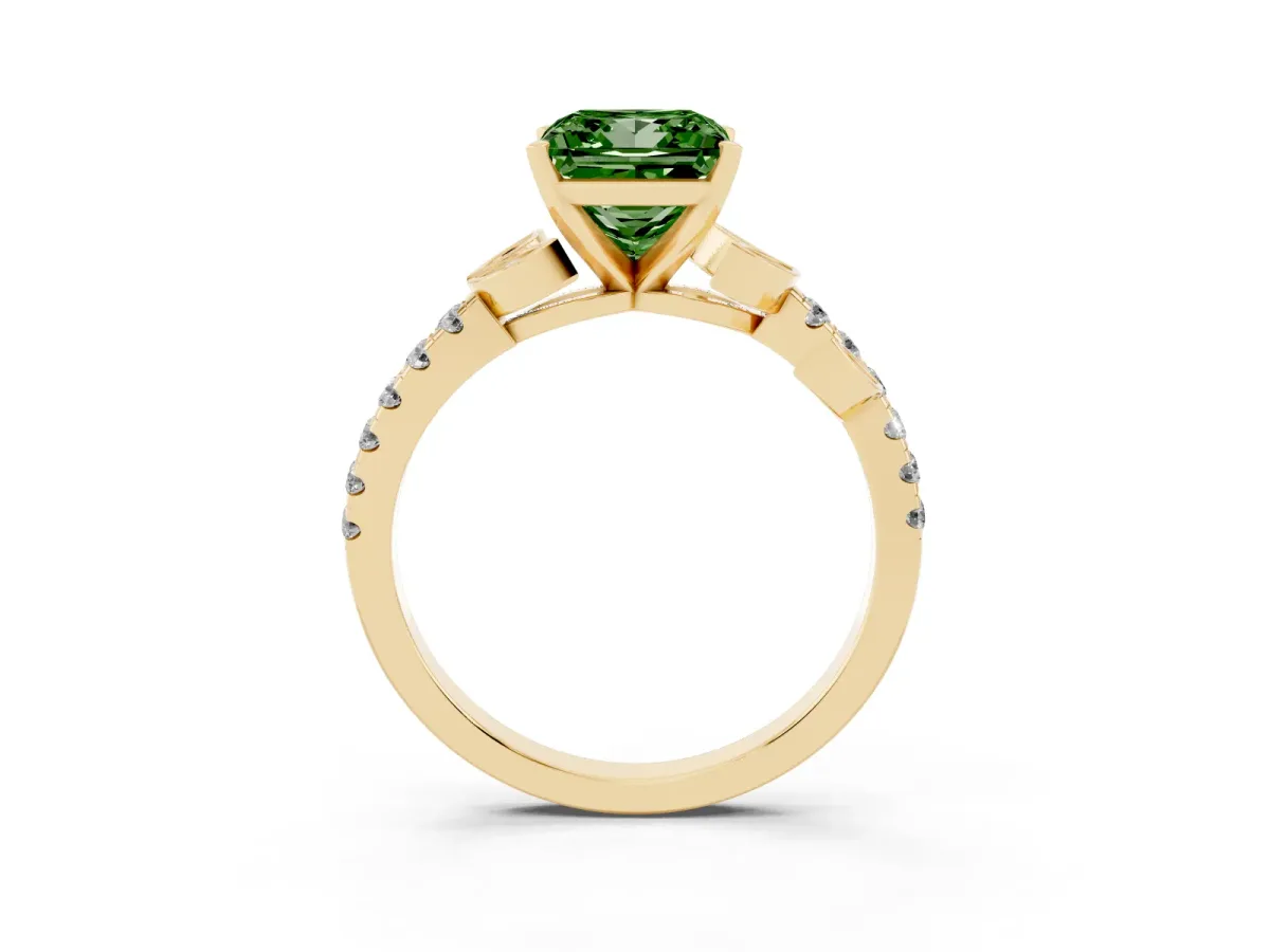 Fancy Green Princess Cut Solitaire Leaf-Inspired Diamond Ring with Pavé Band and Four-Prong Setting Yellow gold