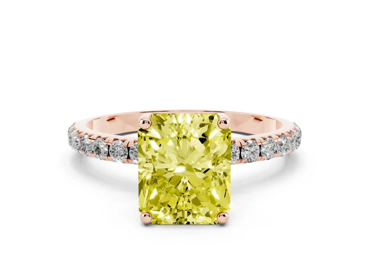 Fancy Yellow Radiant Cut Cut Diamond Solitaire Ring with Micro Pave Band and Four Prong Setting Rose gold