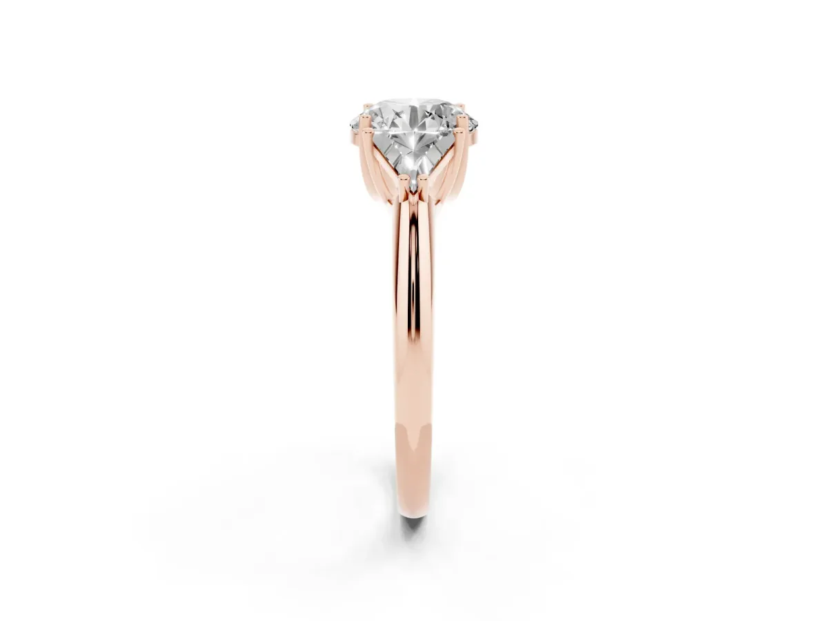 Three-Stone Round Cut Diamond Engagement Ring with Trillion Side Stones and Prong Setting Rose gold