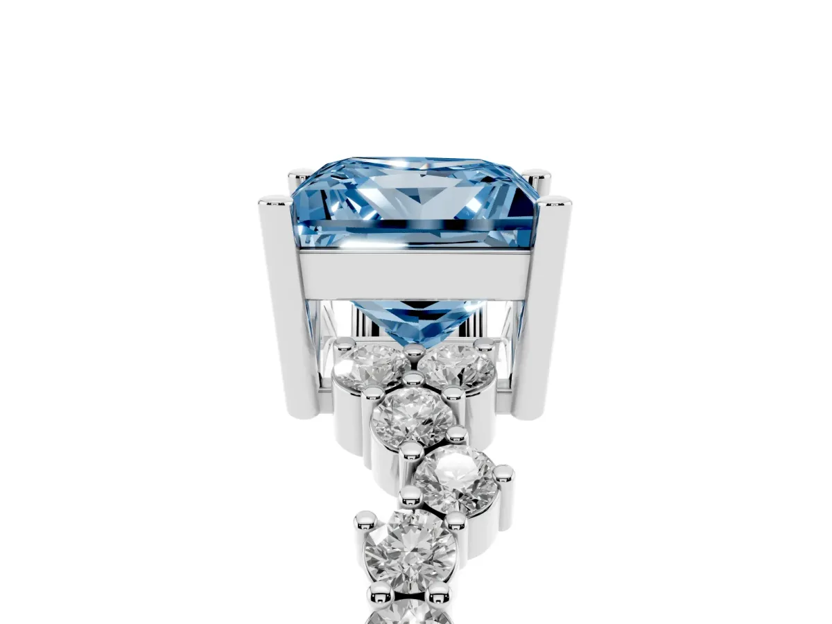 Fancy Blue Princess Cut Diamond Scattered Round Accent Ring with Prong Setting White gold